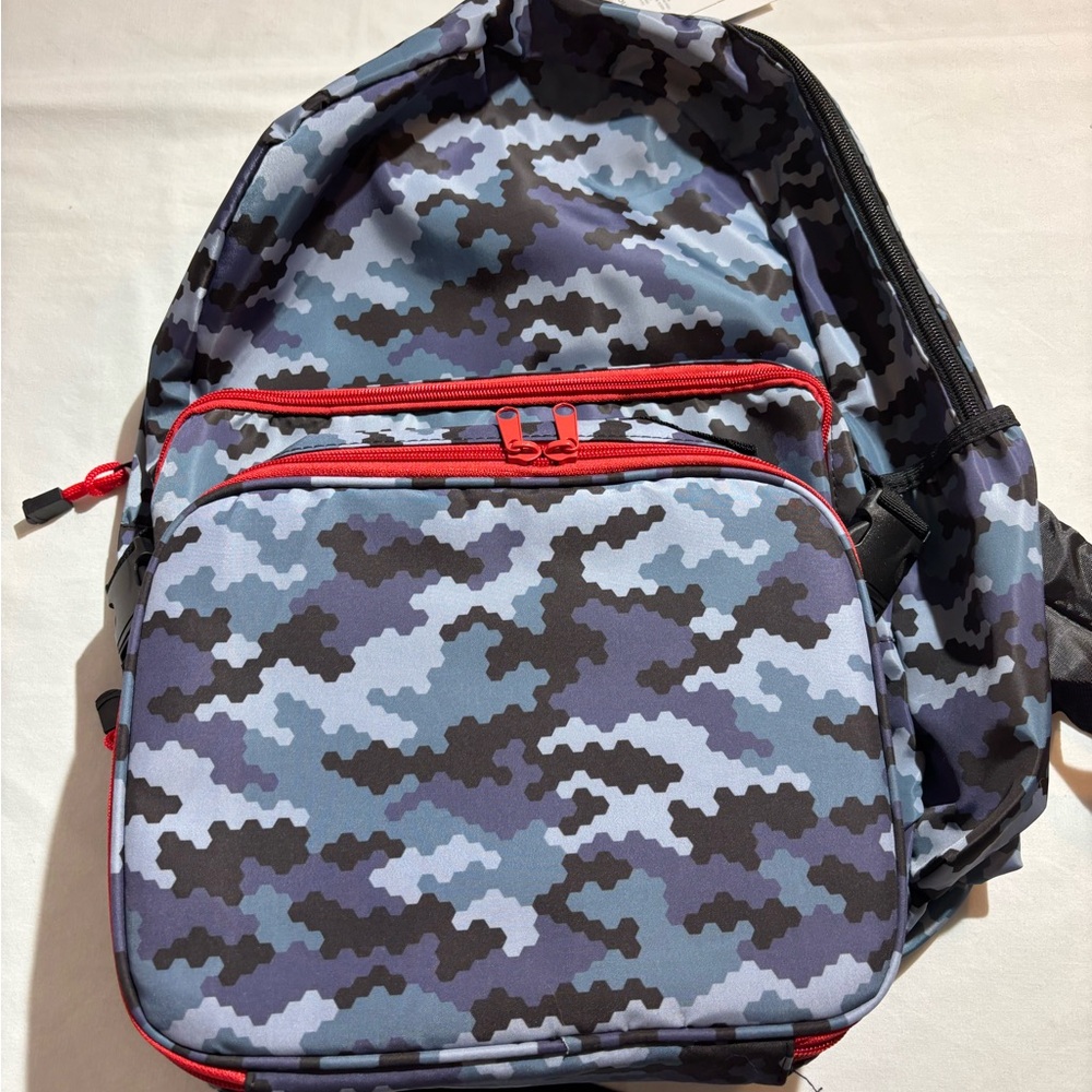 Blue Camo Backpack with lunchbox with Red Trim NWT
